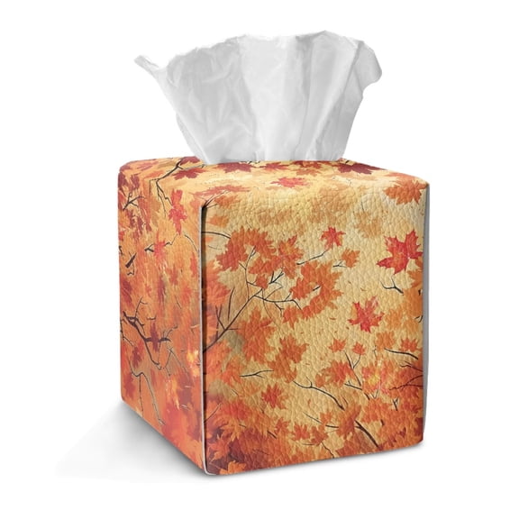 Taierverra Fall Tissue Cube Box Holder Facial Paper Dispenser Leather Maple Leaf Tissue Cover with Bottom Snap Button, Napkin Organizer for Office, Kitchen, Outdoor Tent 5×5×5 Inch
