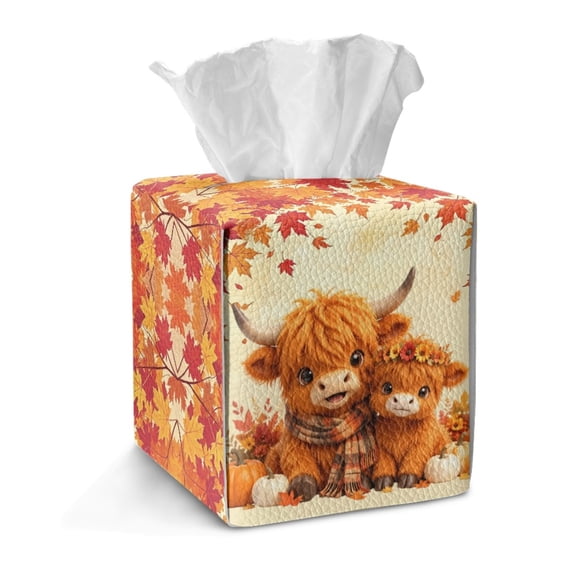 Taierverra Fall Tissue Cube Box Holder Highland Cow Lightweight Square Leather Tissue Box Cover, Portable Facial Paper Case Dispenser for Bathroom, Vanity Countertop 5×5×5 Inch