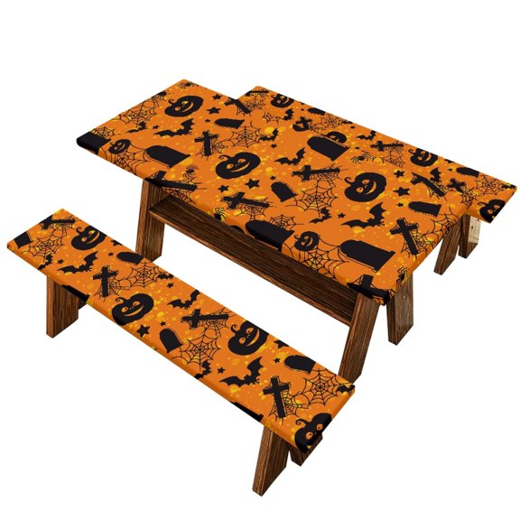 Taierverra Halloween Picnic Table Cover with Bench Covers with Elasticity 6ft Pumpkin Bat Ghost Patio Tablecloth, Reusable Waterproof Table Cloth for Camping, Party, Vacation