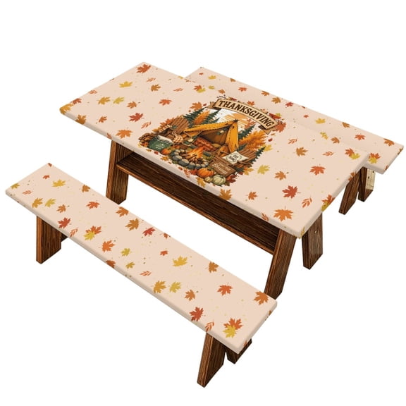 Taierverra Thanksgiving Patio Table Cover with Bench Cover 6ft Waterproof 3-Piece Reusable Pumpkin Picnic Tablecloth for Rectangle Tables, Dustproof Fabric Perfect for Thanksgiving Outdoor Dinners