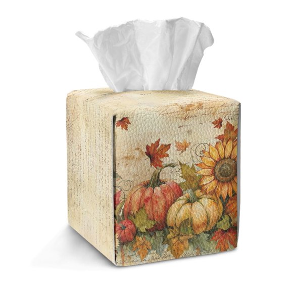 Taierverra Thanksgiving Tissue Box Cover Square Paper Case Dispenser Leather Pumpkin Facial Tissue Holder Organizer with Bottom Snap Button for Dresser, Countertop, Bedroom, Car
