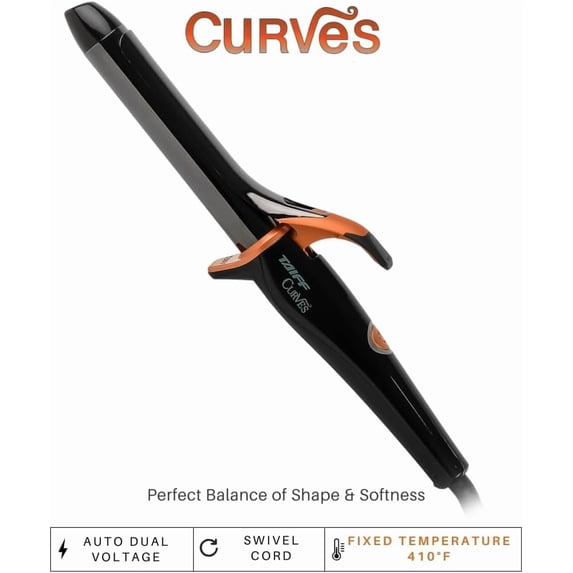TAIFF Curves Professional Black Titanium Curling Iron – High-Performance Hair Curler & Rizadora para Cabello with Dual Voltage | Fixed Temperature 410°F | 1”