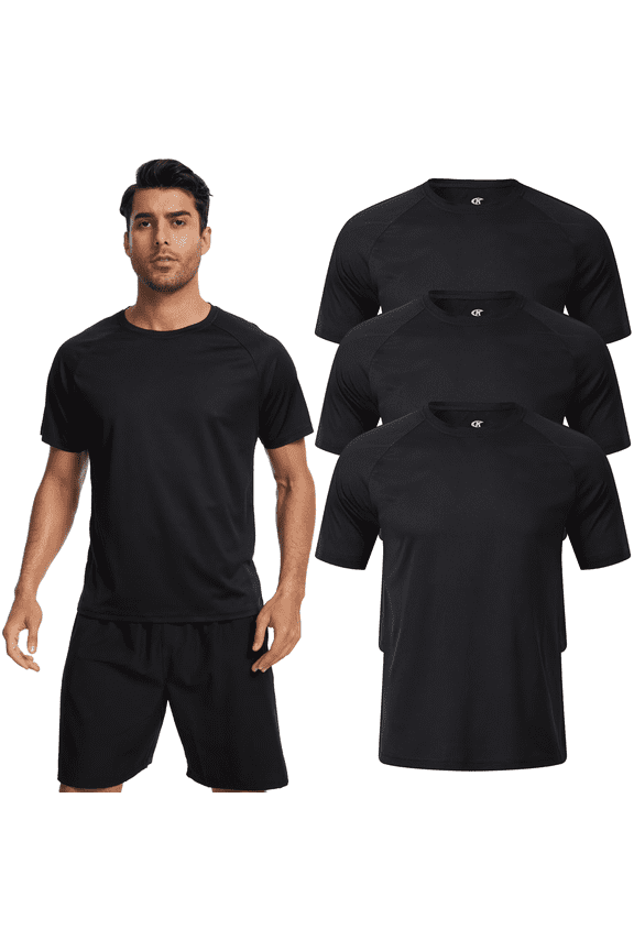3 Pack Men's Athletic Shirts Breathable Basketball Short Sleeve Cool Dry Base Layer Undershirt Running Black 2XL