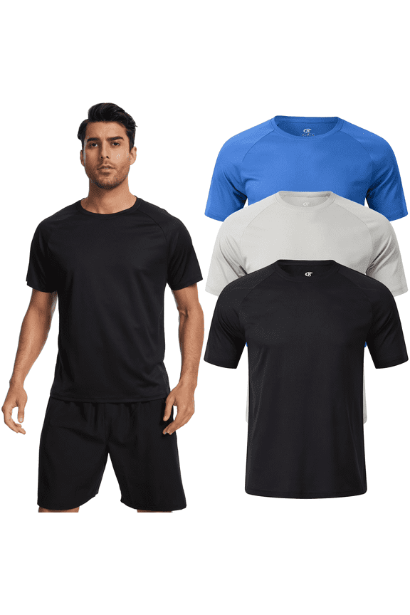3 Pack Men's Athletic Shirts Breathable Basketball Short Sleeve Cool Dry Base Layer Undershirt Running Black Gray Blue 2XL