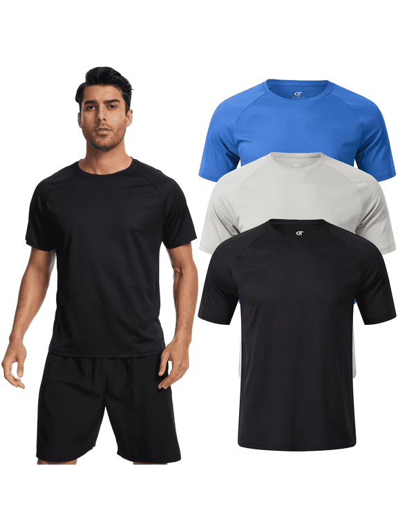 3 Pack Men's Athletic Shirts Breathable Basketball Short Sleeve Cool Dry Base Layer Undershirt Running Black Gray Blue L