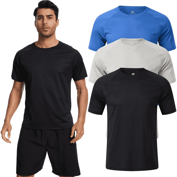 Taigaofy 3 Pack Men's Athletic Shirts Breathable Basketball Short Sleeve Cool Dry Base Layer Undershirt Running Black Gray Blue M