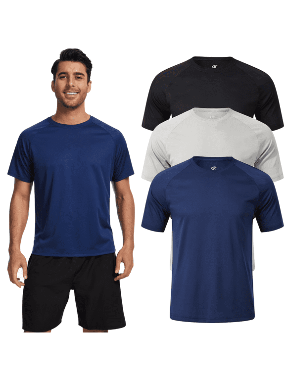 3 Pack Men's Athletic Shirts Breathable Basketball Short Sleeve Cool Dry Base Layer Undershirt Running Black Gray Navy L