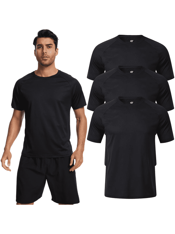 3 Pack Men's Athletic Shirts Breathable Basketball Short Sleeve Cool Dry Base Layer Undershirt Running Black L