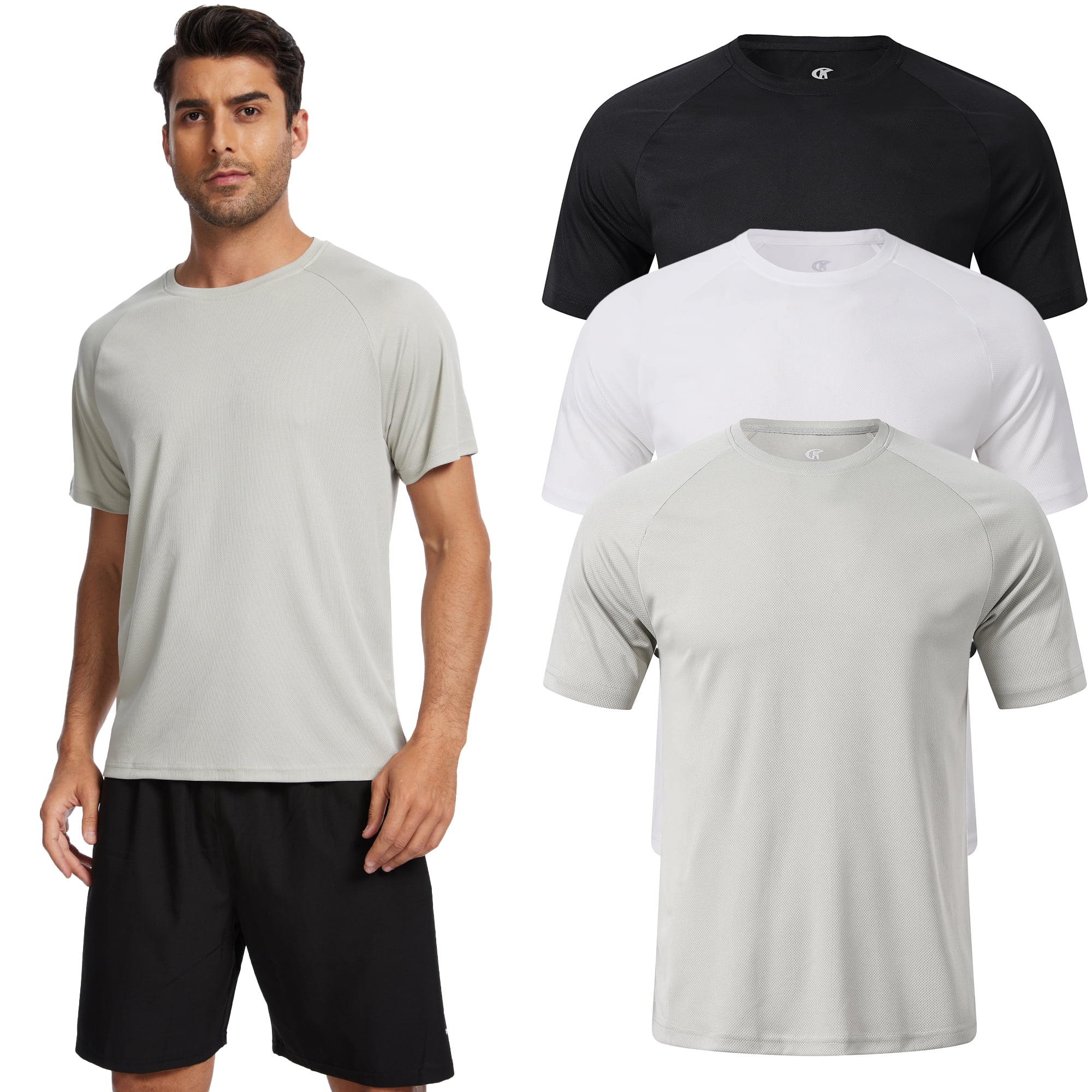 Mens Dry Fit Mesh Athletic Shirts 3 Pack Black White Gray L