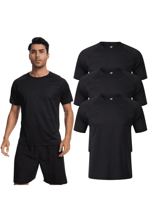 3 Pack Men's Athletic Shirts Breathable Basketball Short Sleeve Cool Dry Base Layer Undershirt Running Black XL