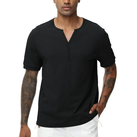 Taigaofy Men's Henley Shirt Classic Short Sleeve Lightweight Button Slim Fit T-Shirt Casual Top Black L