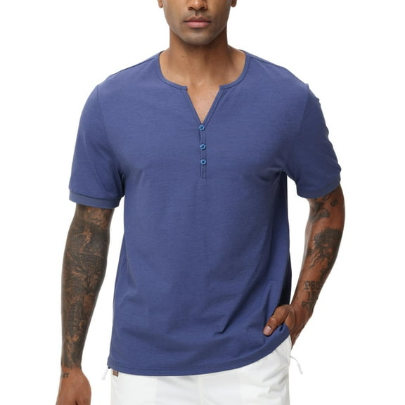 Taigaofy Men's Henley Shirt Classic Short Sleeve Lightweight Button Slim Fit T-Shirt Casual Top Blue L