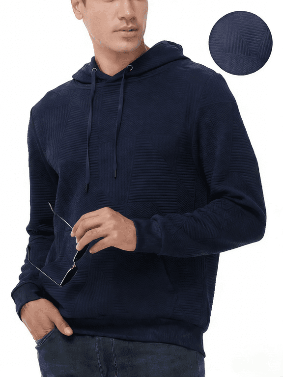 Men's Geometric Texture Hoodie with Pocket, Skin-Friendly Long Sleeve Casual Pullover, Perfect Valentine's Day Gift for Him Navy L