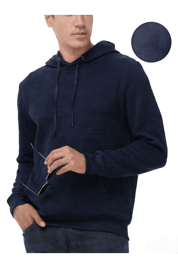 Men's Geometric Texture Hoodie with Pocket, Skin-Friendly Long Sleeve Casual Pullover, Perfect Valentine's Day Gift for Him Navy S