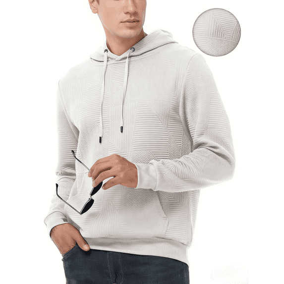 Taigaofy Men's Geometric Texture Hoodie with Pocket, Skin-Friendly Long Sleeve Casual Pullover, Perfect Valentine's Day Gift for Him White L