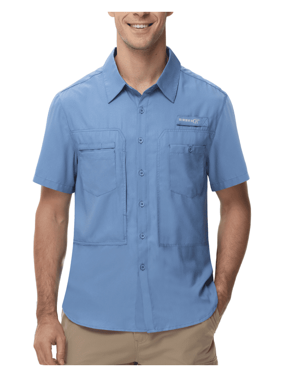 Men's UPF 50+ Sun Protection Short Sleeve Safari Shirts Fishing Shirts Hiking Work Casual Shirt with Zipper Pocket, Blue M