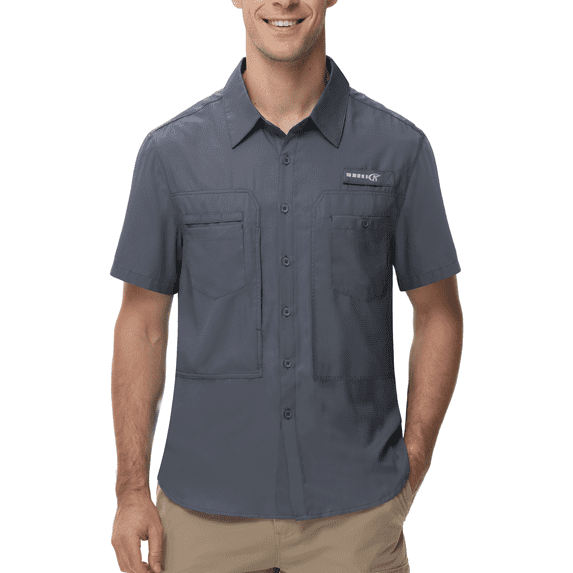 Taigaofy Men's UPF 50+ Sun Protection Short Sleeve Safari Shirts Fishing Shirts Hiking Work Casual Shirt with Zipper Pocket, Gray XL