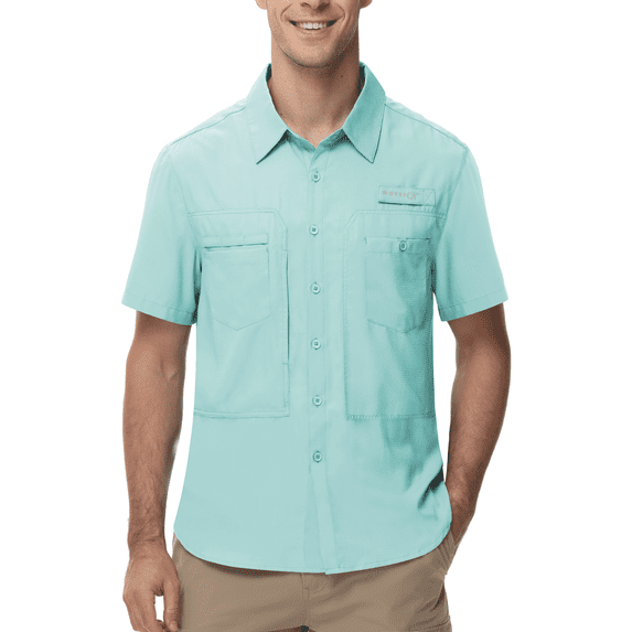 Zehisen Men's UPF 50+ Sun Protection Short Sleeve Safari Shirts Fishing Shirts Hiking Work Casual Shirt with Zipper Pocket, Green 2XL