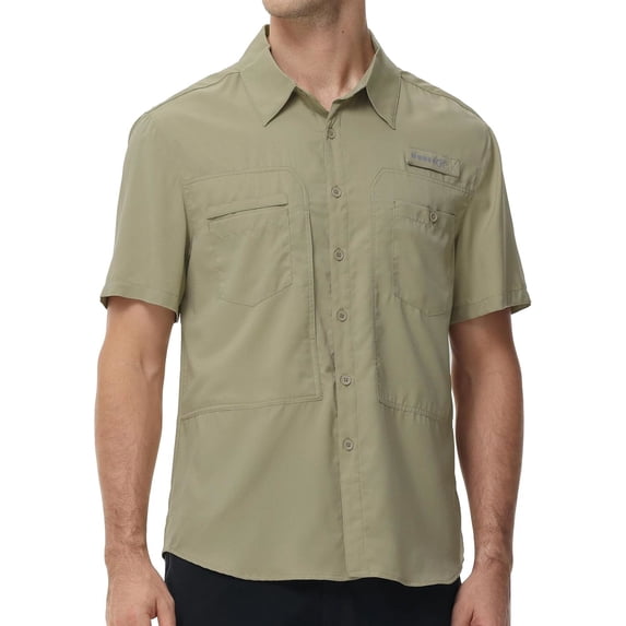 Zehisen Men's UPF 50+ Sun Protection Short Sleeve Safari Shirts Fishing Shirts Hiking Work Casual Shirt with Zipper Pocket, Grey green 2XL