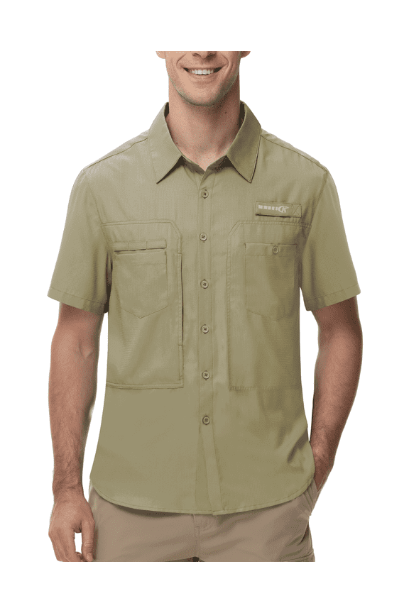 Zehisen Men's UPF 50+ Sun Protection Short Sleeve Safari Shirts Fishing Shirts Hiking Work Casual Shirt with Zipper Pocket, Grey green L