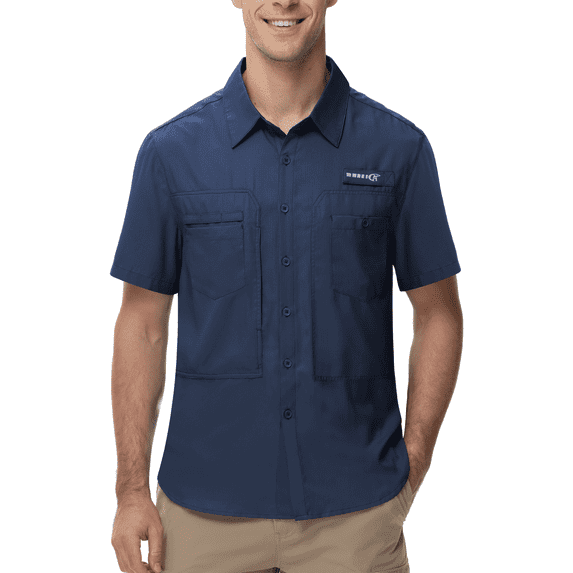 Taigaofy Men's UPF 50+ Sun Protection Short Sleeve Safari Shirts Fishing Shirts Hiking Work Casual Shirt with Zipper Pocket, Navy 2XL