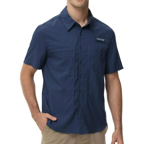 Taigaofy Men's Shirt Short Sleeved Lightweight Hiking Work Casual Button Up Shirt Zipper Pocket Navy L