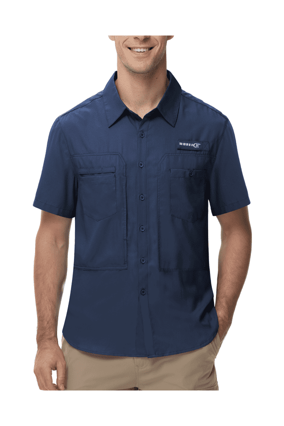 Men's UPF 50+ Sun Protection Short Sleeve Safari Shirts Fishing Shirts Hiking Work Casual Shirt with Zipper Pocket, Navy XL