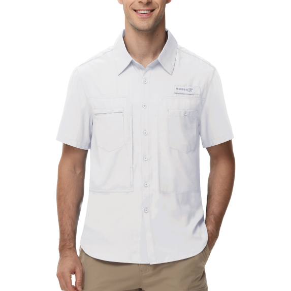 Zehisen Men's UPF 50+ Sun Protection Short Sleeve Safari Shirts Fishing Shirts Hiking Work Casual Shirt with Zipper Pocket, Gray 2XL