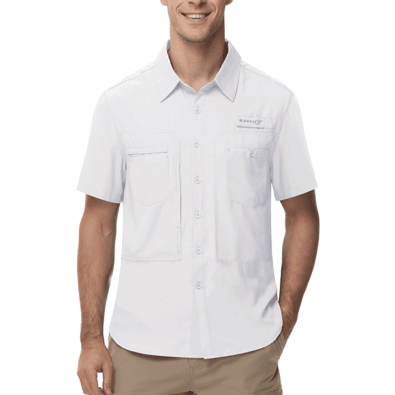 Taigaofy Men's UPF 50 Sun Protection Short Sleeve Safari Shirts Fishing Shirts Hiking Work Casual Shirt with Zipper Pocket, Gray L