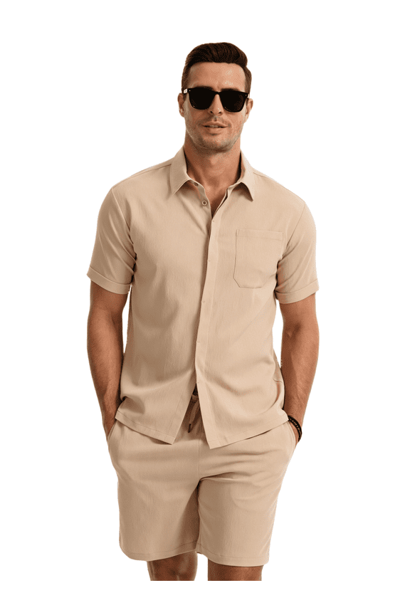 Mens Summer Outfit 2 Piece Beach Shirt Shorts Set Coconut Button Casual Vacation Summer Set Light Khaki L