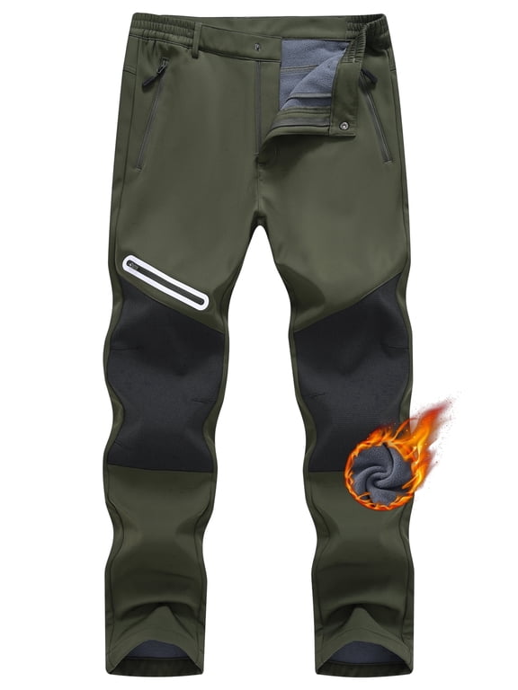 Taigaofy Men's Winter Fleece Lined Hiking Pants With Zip Pockets Waterproof Quick-Dry Travel Fishing Work Outdoor Pants Upgraded Army Green L