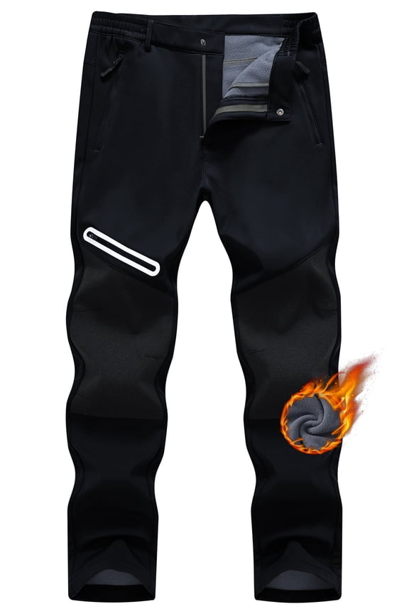 Men's Winter Fleece Lined Hiking Pants With Zip Pockets Waterproof Quick-Dry Travel Fishing Work Outdoor Pants Upgraded Black 2XL
