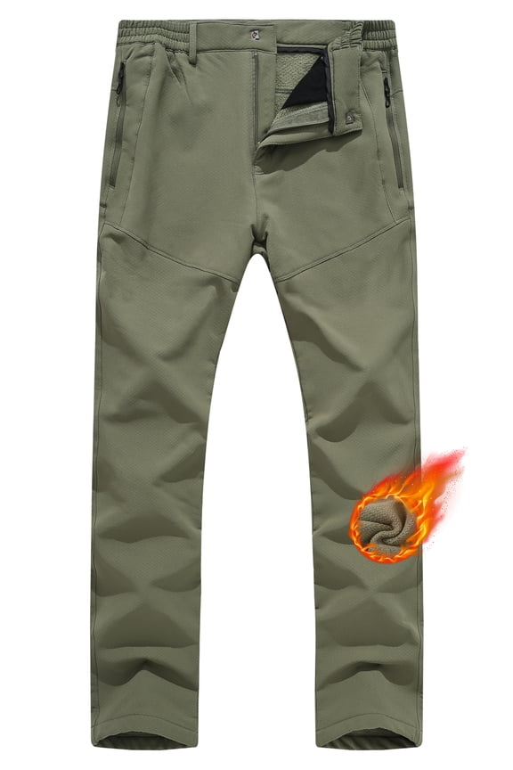 Men's Winter Fleece Lined Hiking Pants With Zip Pockets Waterproof Quick-Dry Travel Fishing Work Outdoor Pants Army Green XL