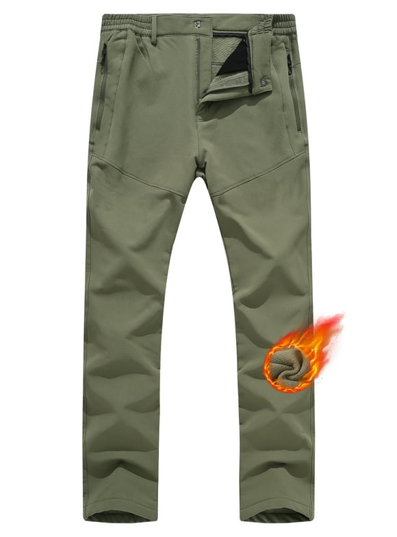 Men's Winter Fleece Lined Hiking Pants With Zip Pockets Waterproof Quick-Dry Travel Fishing Work Outdoor Pants Army Green M