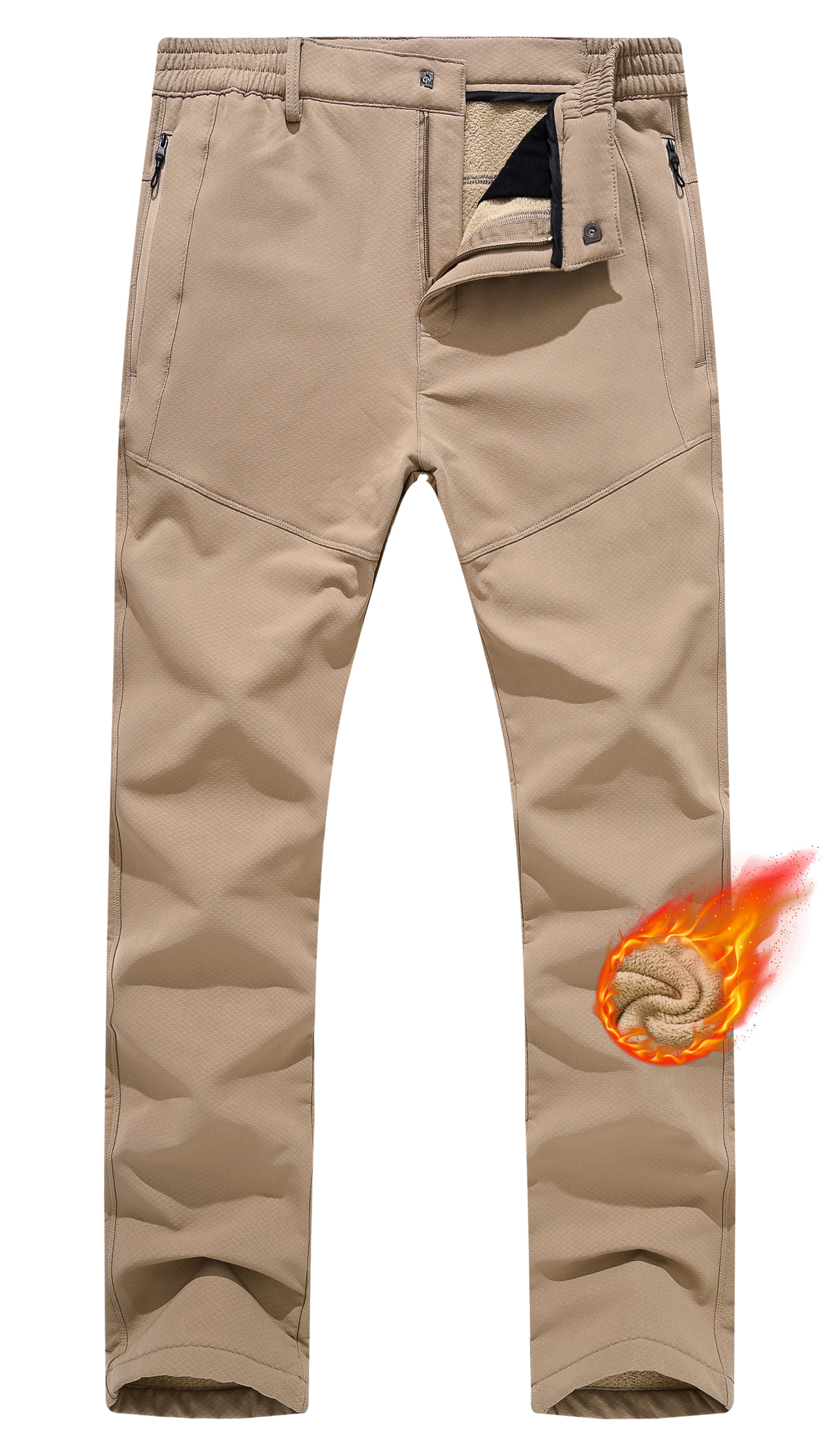 Men's Winter Fleece Lined Hiking Pants With Zip Pockets Waterproof Quick-Dry Travel Fishing Work Outdoor Pants Khaki L