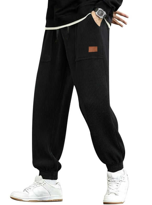 Mens Sweatpants Elastic Waist Drawstring Baggy Tapered Pants With Pockets Black L