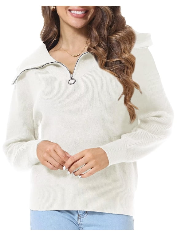 Women's Half Zip Sweaters Casual Long Sleeve V-Neck Collar Ribbed Knitted Slouchy Pullover Tops White M