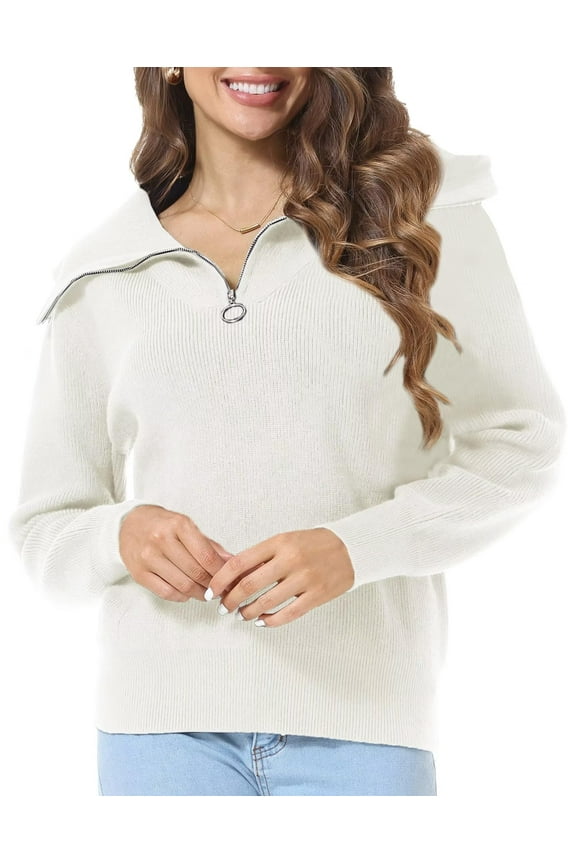 Women's Half Zip Sweaters Casual Long Sleeve V-Neck Collar Ribbed Knitted Slouchy Pullover Tops White M