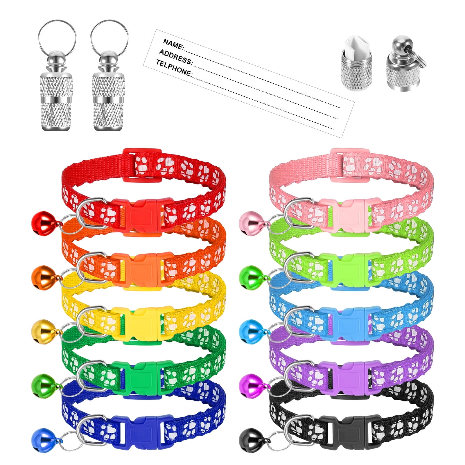 Taihexin 10 Pack Cat Collars with Bells, Puppy Id Collars, Adjustable 7.5-12.6 inch Safety Buckle Nylon Kitten Collar with Name Tag, Cat Collar for Girl Cats Male Cat (10 Colors & 2 ID Tags)