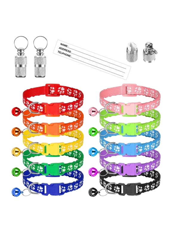 Taihexin 10 Pack Cat Collars with Bells, Puppy Id Collars, Adjustable 7.5-12.6 inch Safety Buckle Nylon Kitten Collar with Name Tag, Cat Collar for Girl Cats Male Cat (10 Colors & 2 ID Tags)