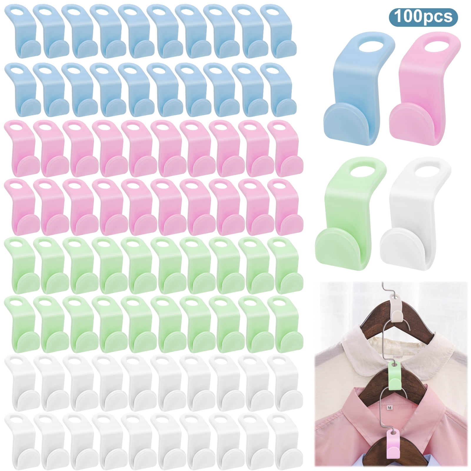 Taihexin 100 Pcs Clothes Hanger Connector Hooks, Thicken, Load 30 Pounds, 4-Colors, Plastic Hooks Cascading Clothes Hangers, Hanger Extender Clips for Space Saving and Closet Organizer