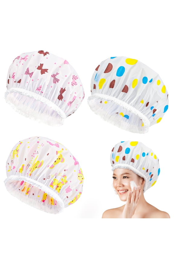 Taihexin 3 Pcs Shower Cap for Women, Waterproof Bath Caps, EVA Reusable Shower Caps, Elastic Band Bath Hair Hat, Double Protection Layers Elastic, Medium Size