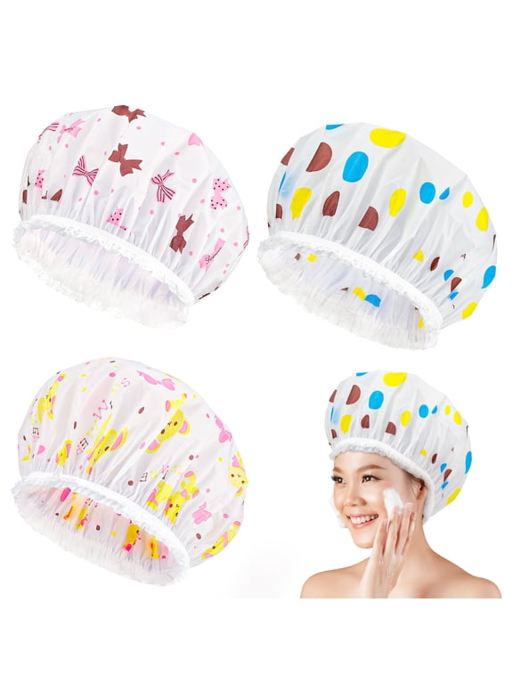 Taihexin 3 Pcs Shower Cap for Women, Waterproof Bath Caps, EVA Reusable Shower Caps, Elastic Band Bath Hair Hat, Double Protection Layers Elastic, Medium Size