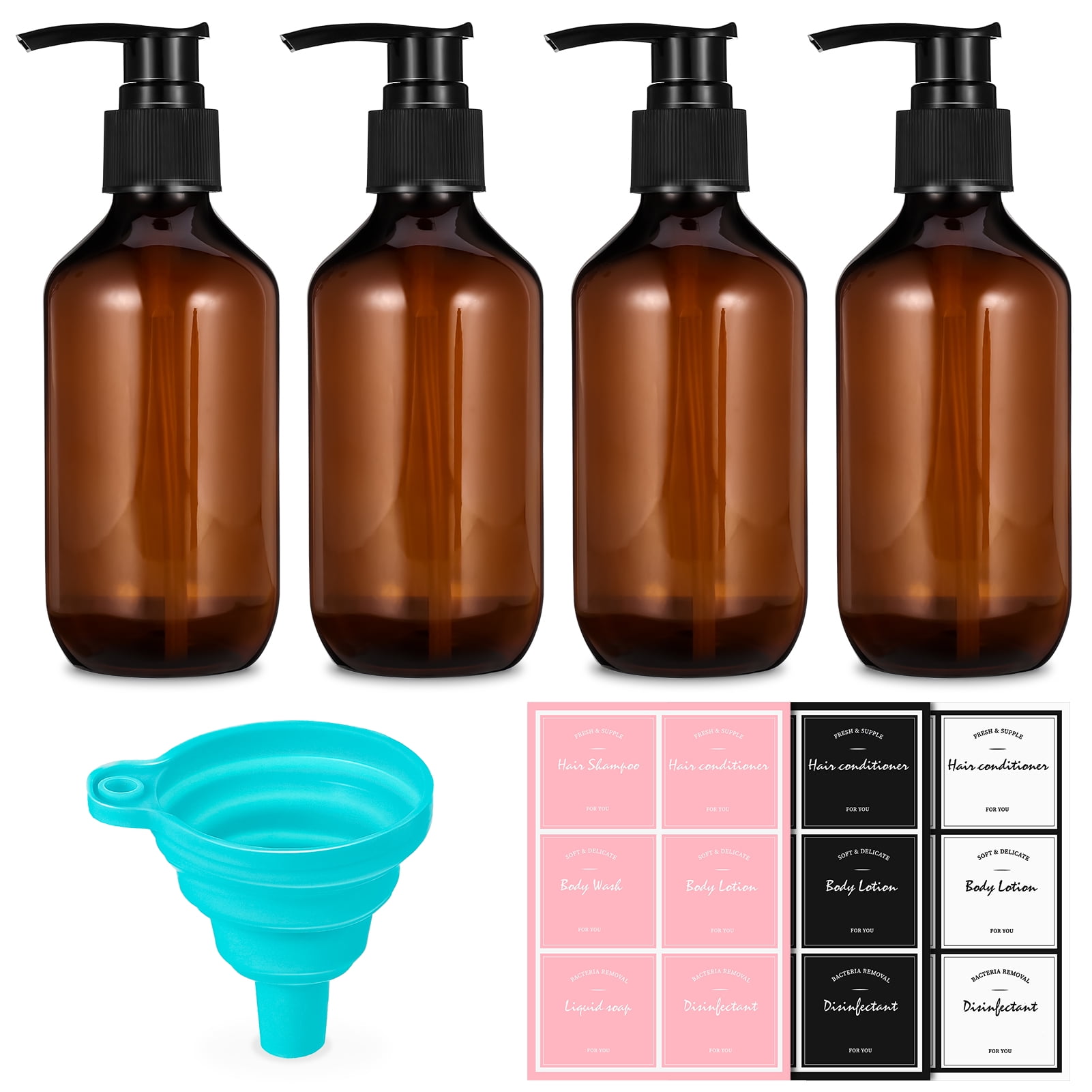 AOWOO 4 Packs Empty Pump Bottles, 16.9oz /500ml Shampoo Bottle Dispenser, Refillable Shampoo Bottles with Stickers Funnel, Reusable Squeeze Lotion Dispenser for Liquid Soap Bathroom