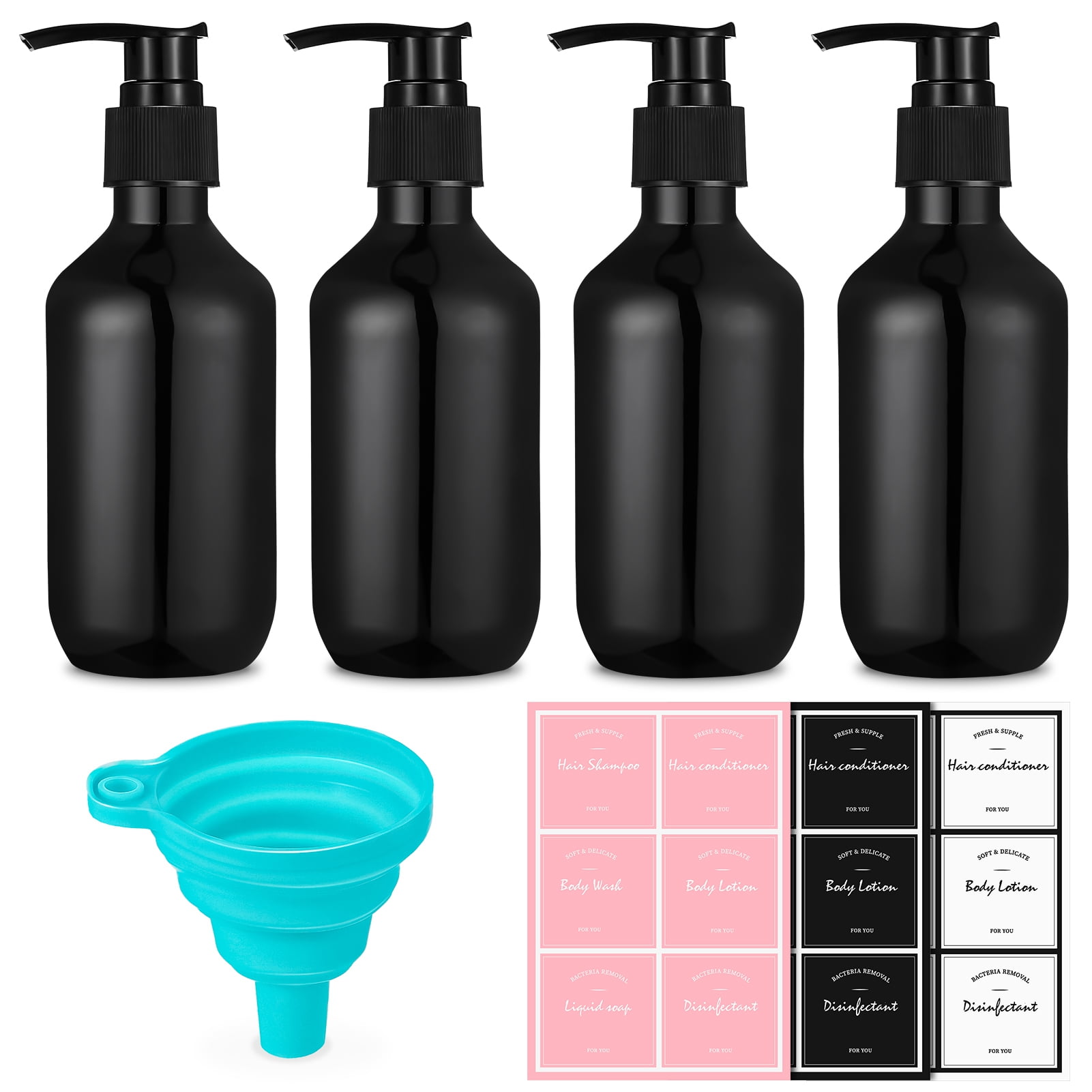 Bottiful Home- 16 oz Frosted Clear Hand Soap and Dish Soap Dispenser Kitchen Sink Pump Bottle Set-Black Print-Empty Pet Plastic-Waterproof