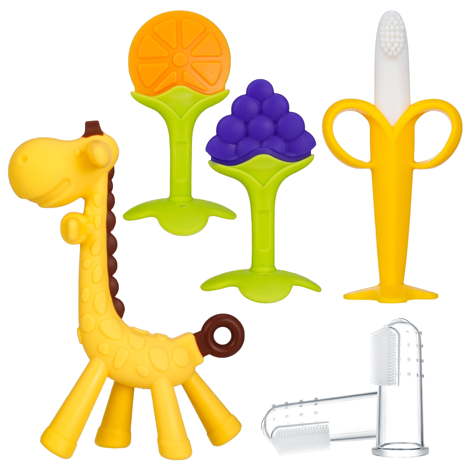 Taihexin 6 Pack Baby Teething Toys, BPA Free Silicone Baby Teether, Soothe Babies Teething Relief Sore Gums, Banana Finger Toothbrush, Fruit Shape Giraffe Teether Set for Infant Boys and Girls(Yellow)