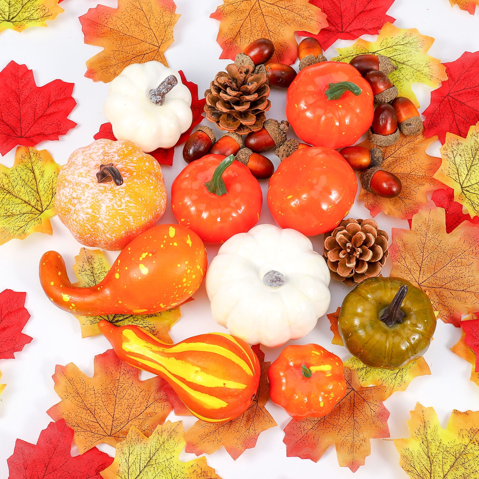 Taihexin Halloween Artificial Pumpkins Home Decoration Set, 86 Pcs Halloween Fall Harvest Home Decoration, 60 Fake Maple Leaves + 14 Fake Acorns + 2 Fake Pinecones + 10 Fake Pumpkins