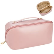 Taihexin Large Capacity Travel Cosmetic Bag, PU Leather Waterproof Cosmetic Bag with Zipper, Women Portable Travel Makeup Bag with Handle and Divider, Travel Toiletry Bag for Women Girls(Light Pink)