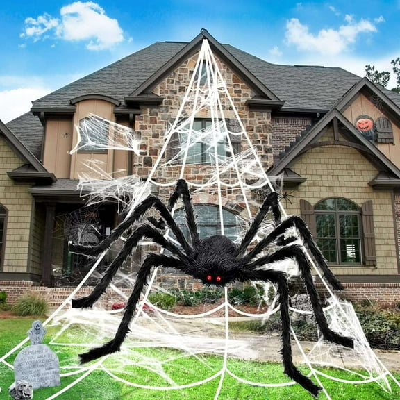 Taihol Halloween Decorations Outdoor 196'' Triangular Spider Web + 49'' Giant Fake Spiders + 120 Small Fake Spiders Halloween Decor for Outside Yard Garden Lawn Party
