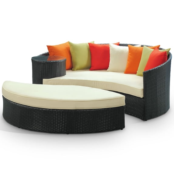 Taiji Collection EEI-645-EXP-MUL 71 Outdoor Daybed and Ottoman with 7 Throw Pillows All Weather Synthetic Rattan Weave Water and UV Resistance in Espresso and Multicolor